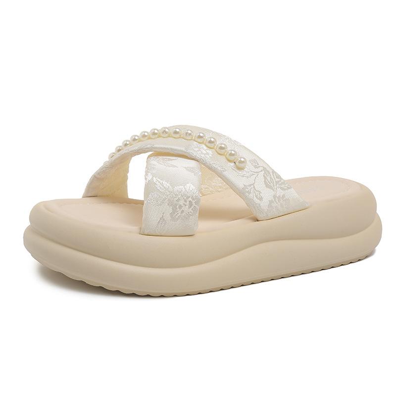 Thick Bottom Heightening Outer Fairy Wind French Slippers Wear One Word New Female 2025 Summer Beach Pearl Cool Slippers