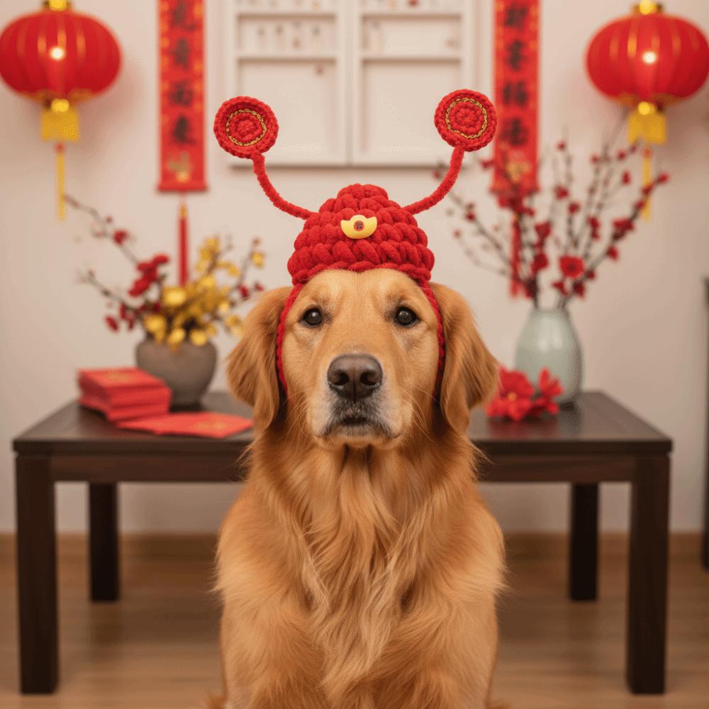 Chinese Style Fortune Cat Headwear Hand-crocheted Warm Pet Beret Blessing Traditional Pet Knitted Hat For Small Dogs Cats