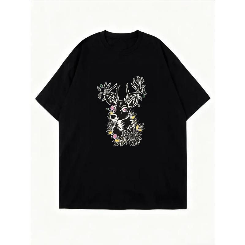 White T Shirt With Deer And Floral Print For Casual Wear