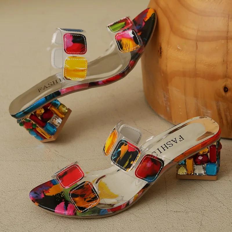 Ladies Shoes 2025 Summer New Mixed Colors Women's Slippers Rhinestones Chunky Heel Sandals Elegant Plus Size Daily Dress Slipper