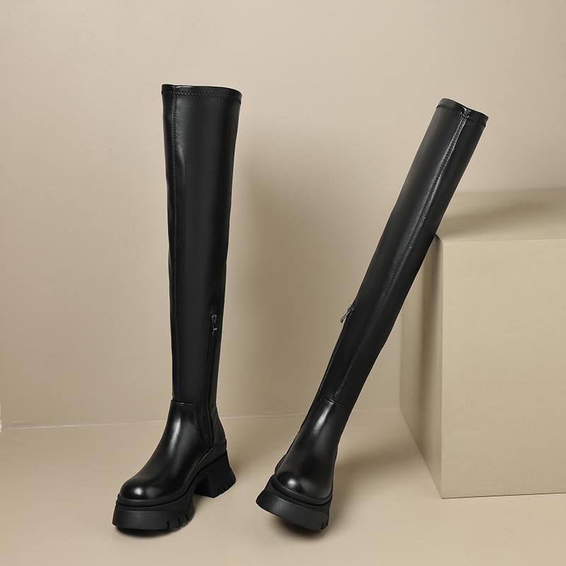мода осень зима женские сапоги выше колена модные мягкие кожаные длинные сапоги женские лаконичные туфли на толстом каблуке 35 чёрный 7457₽