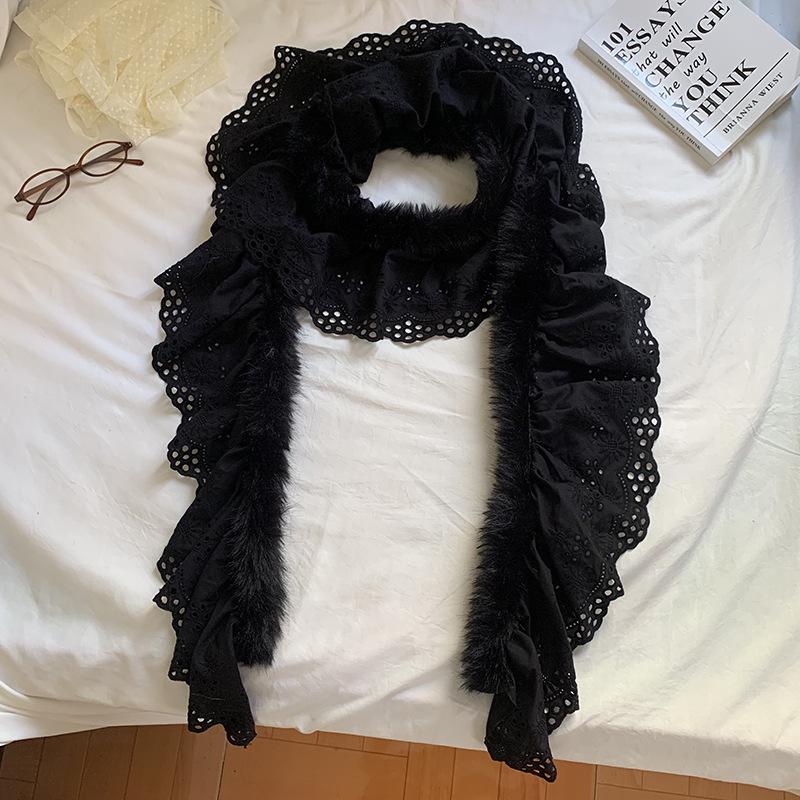 Sweet Korean Style Y2K Scarf Women Winter Soft Warm Scarf Harajuku Lace Patchwork Plush Scarf