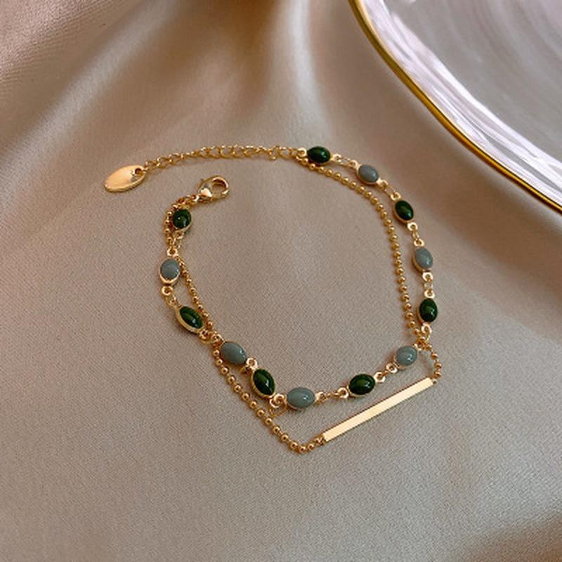 French Retro Romantic Double Metal Gold Bracelet for Woman 2021 New Fashion Jewelry Party Unusual Oval Green Crystal Bracelet
