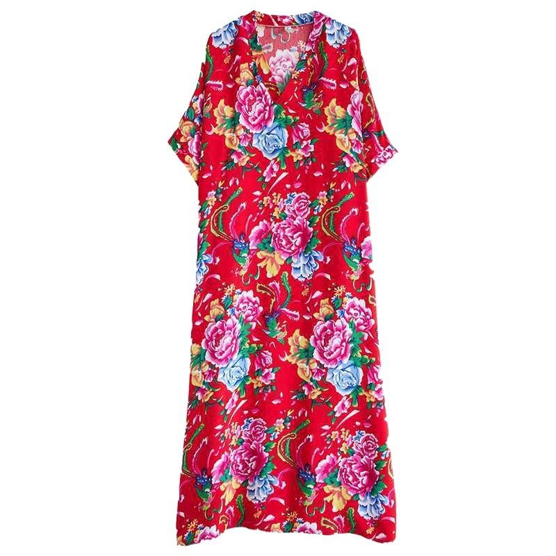 Summer V-neck Cotton Silk Large Size Loose Literary Vacation Style Beach Dresses