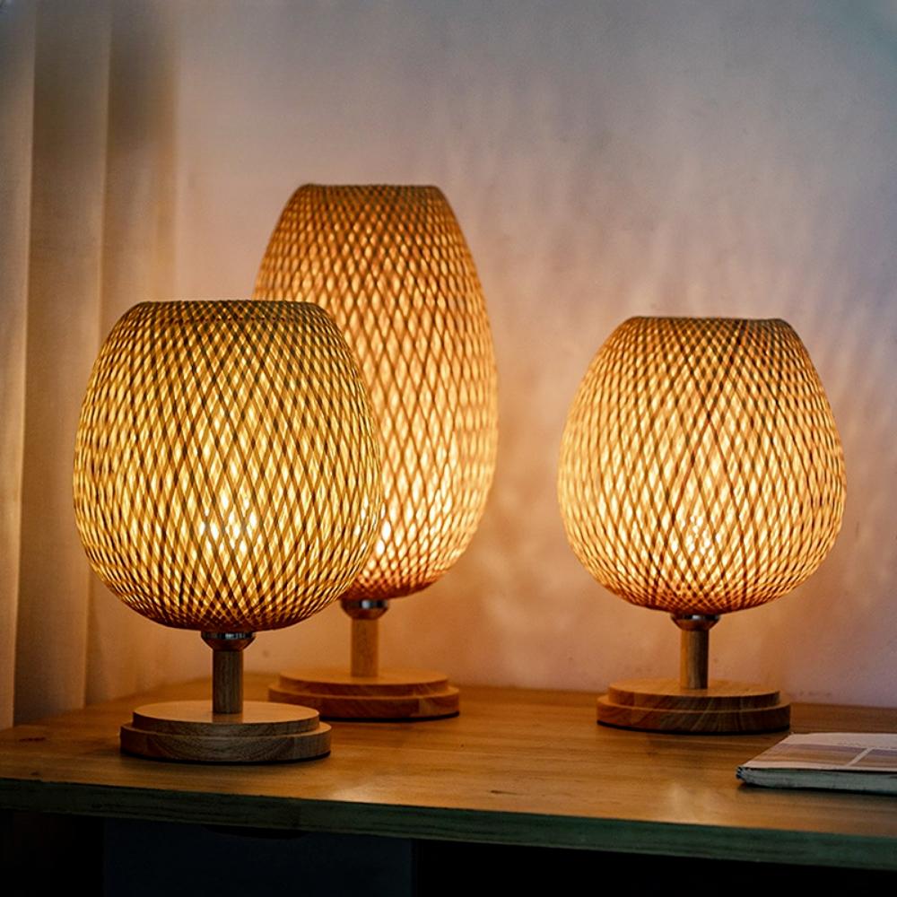Kleine Rattan-Tischlampe, stufenlos dimmbare Nachttischlampe, Vintage-Nachttischlampe aus Korbgeflecht, für Schlafzimmer, Wohnzimmer, Schreibtisch
