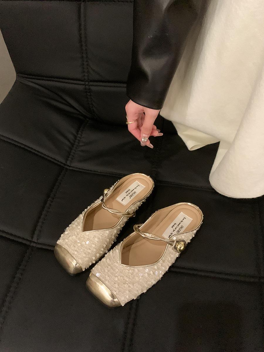 

Women s bag head half slippers Women s summer wear black sequined fairy evening shoes flat-soled small fragrant French sandals 40