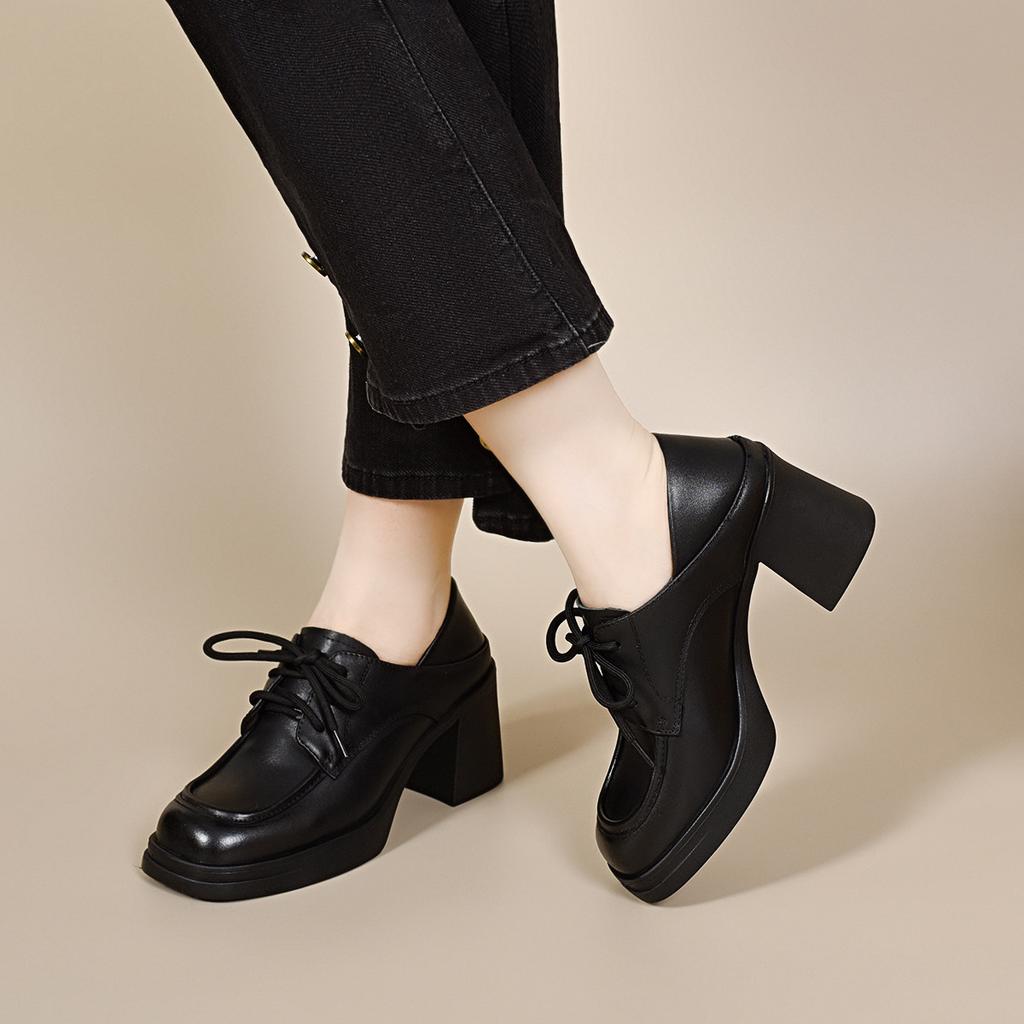 thick-soled women's waterproof table thick heel lace-up single shoes, black small leather shoes, and two deep-mouth shoes.
