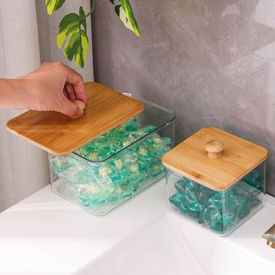 Caja de Almacenamiento para Bolitas de Lavandería con Tapa de Bambú Apertura Grande Contenedor Acrílico Organizador a Prueba de Humedad para Bolitas de Detergente