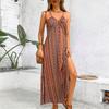 Damen Sommer Ethno Muster Rückenfrei Schlitz am Oberschenkel Kleid Damen Sommerkleidung Boho Mode Rüschenbesatz Langes Kleid für den Strand