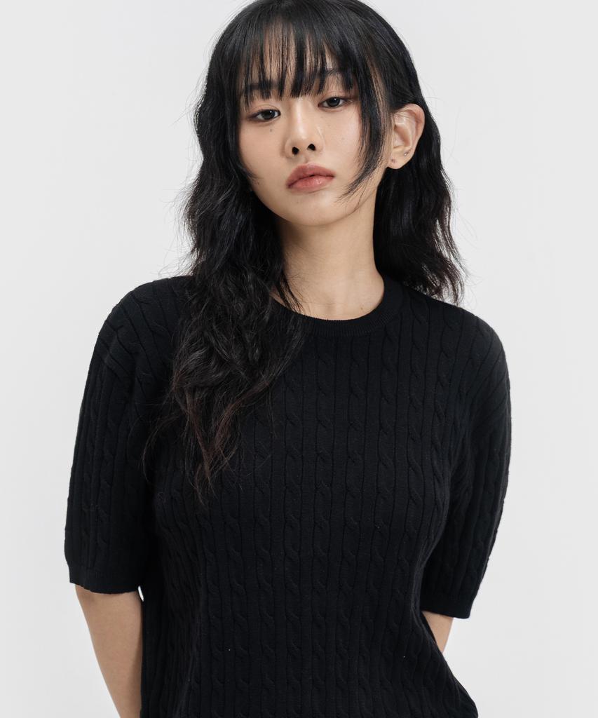 LEMAIN SECOND Oversized Washable Crew Neck Cable Short Sleeve Knit_5 Colors