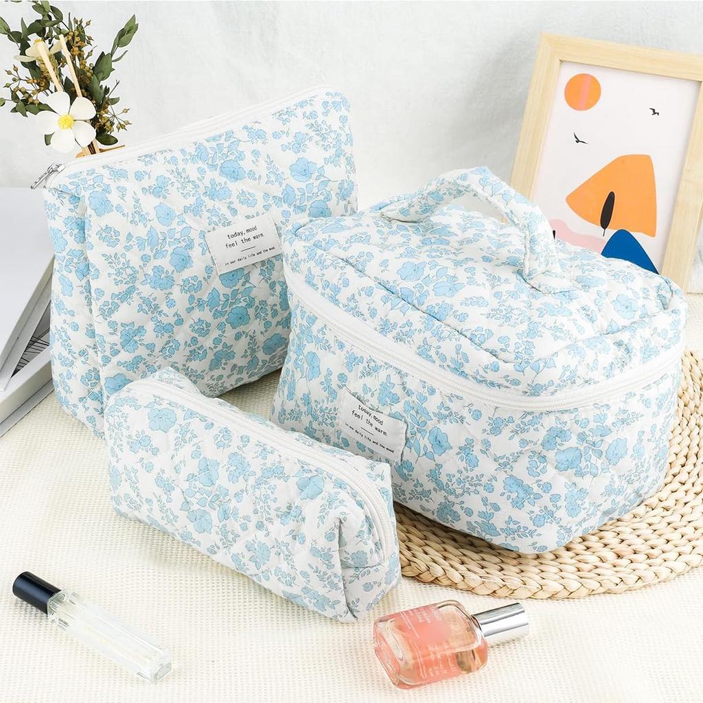 Floral Makeup Bag Quilted Cosmetic Large Capacity Travel Makeup Pouch Set of Blue Set, Pouch, 3,