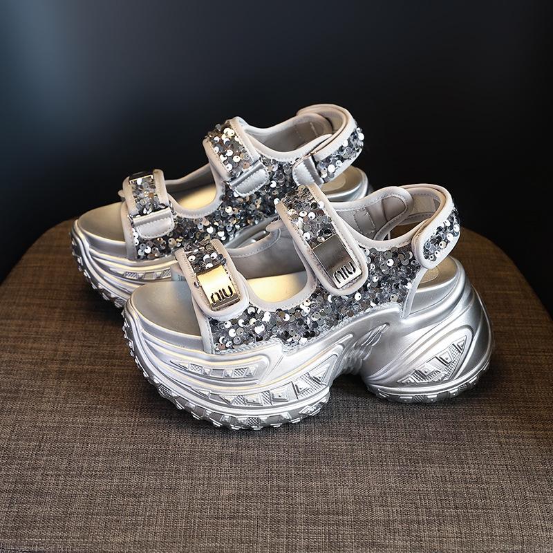 Fashion High quality 8cm Air Mesh Synthetic Genuine Leather Bling Chunky Sneakers 2024 Summer Women Vulcanize Platform Wedge Comfy Shoes