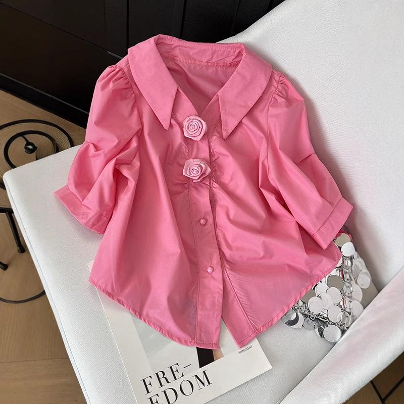 Design sense niche polo collar pleated bubble sleeve shirt 2025 summer new temperament slim top women