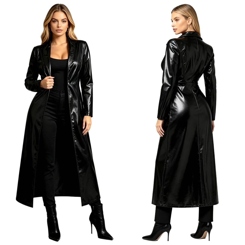 Ladies Shiny Metallic Trench Coat Turn-down Collar One Button Ankle Length Long Coat for Street Club Party Daily