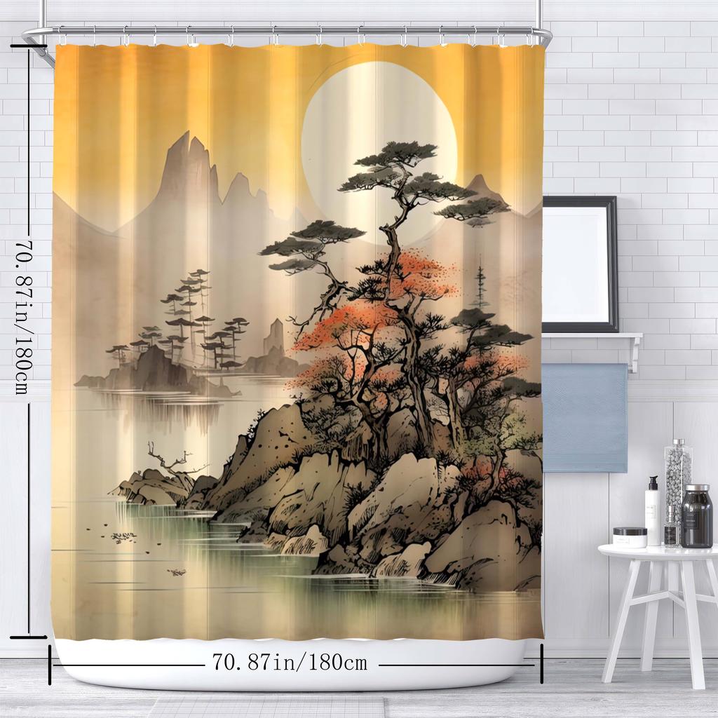 1Pc Asian-Inspired Ink Painting Scenic Mountains & Trees Shower Curtain, Digital Print, Bathroom Decor, Shower Curtains