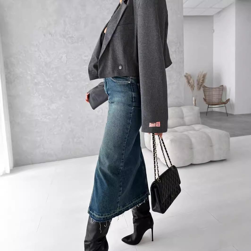 

Женская ретро-мода с высокой талией, открытая джинсовая юбка, узкая юбка до бедер, юбка средней длины, облегающая юбка XXL синий