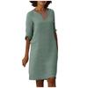 Retro High Waist V-Neck Cotton Linen Dress European American Style Solid Color Washed Wrinkled Fabric Three Quarter Sleeves