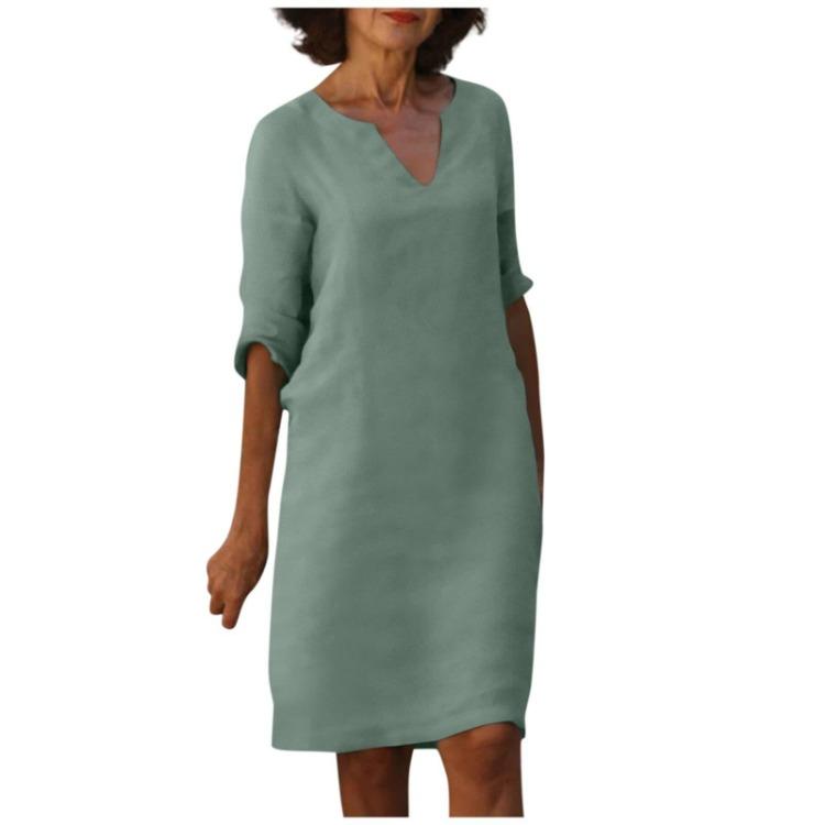 Retro High Waist V-Neck Cotton Linen Dress European American Style Solid Color Washed Wrinkled Fabric Three Quarter Sleeves