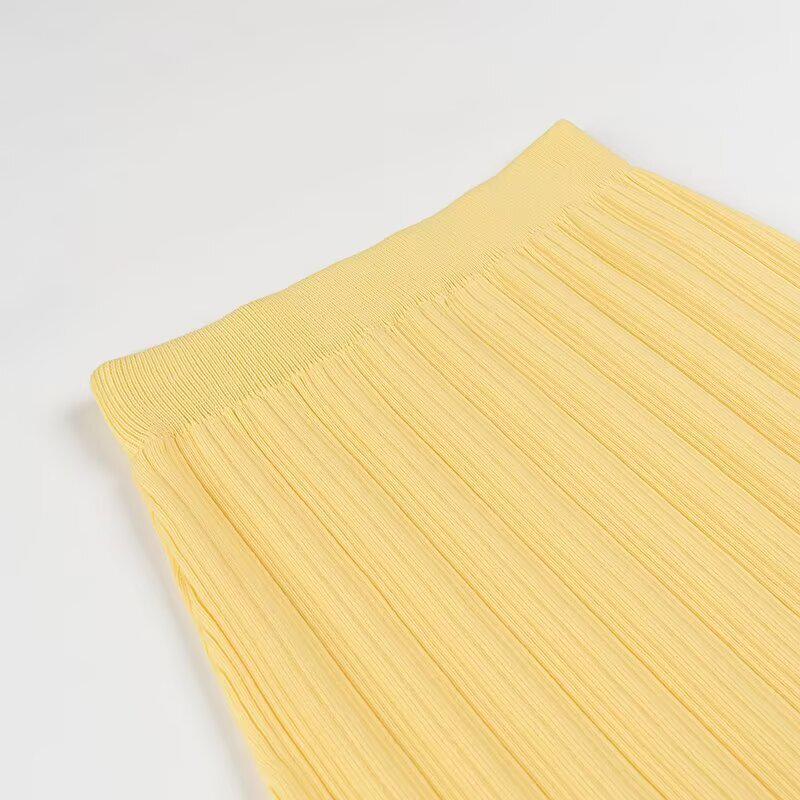 2025 Spring/Summer Slim-Fit Knitted Two-Piece Set with Elastic Waist Midi Skirt