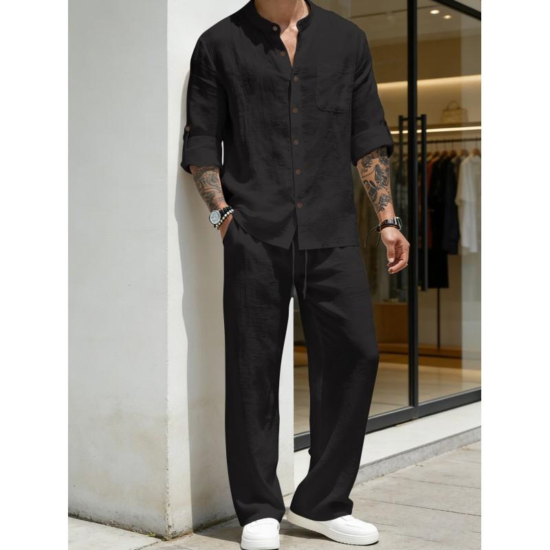 Mens Linen Blend Shirt Set Long Sleeve Top Pants Retro Stand Collar Casual Outfit