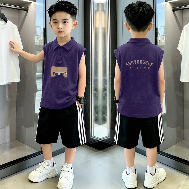 Boys' Trendy Cotton Polo Shirt and Vest Set - Sleeveless Lapel T-shirt, Summer Two-Piece In Medium & Large Sizes