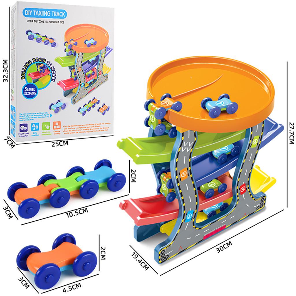 (Kung Pao Chicken)Children DIY Track Glider Toy Puzzle Four Levels-Of Inertial Gliding Car Toy