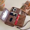 For iPhone 14 Pro Case Card Slots Mirror Design Jeans Cloth Texture PU Leather Back Cover with Strap