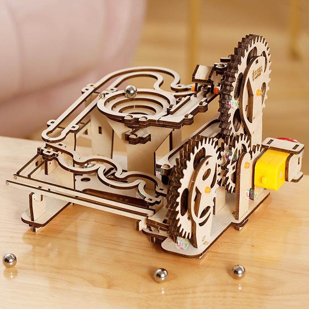 Ury 3D Wooden Puzzles Electric Catapult Track Device Marble Run Set Mechanical Model Science Maze 5 Balls Assembly Gift For Kids