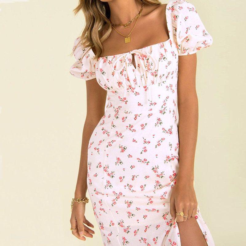 

Fashion Style Summer New Arrival French Style Retro Square Collar Puff Sleeve Floral Dress Women s Waist-Tight Slim Looking Midi Skirt White S