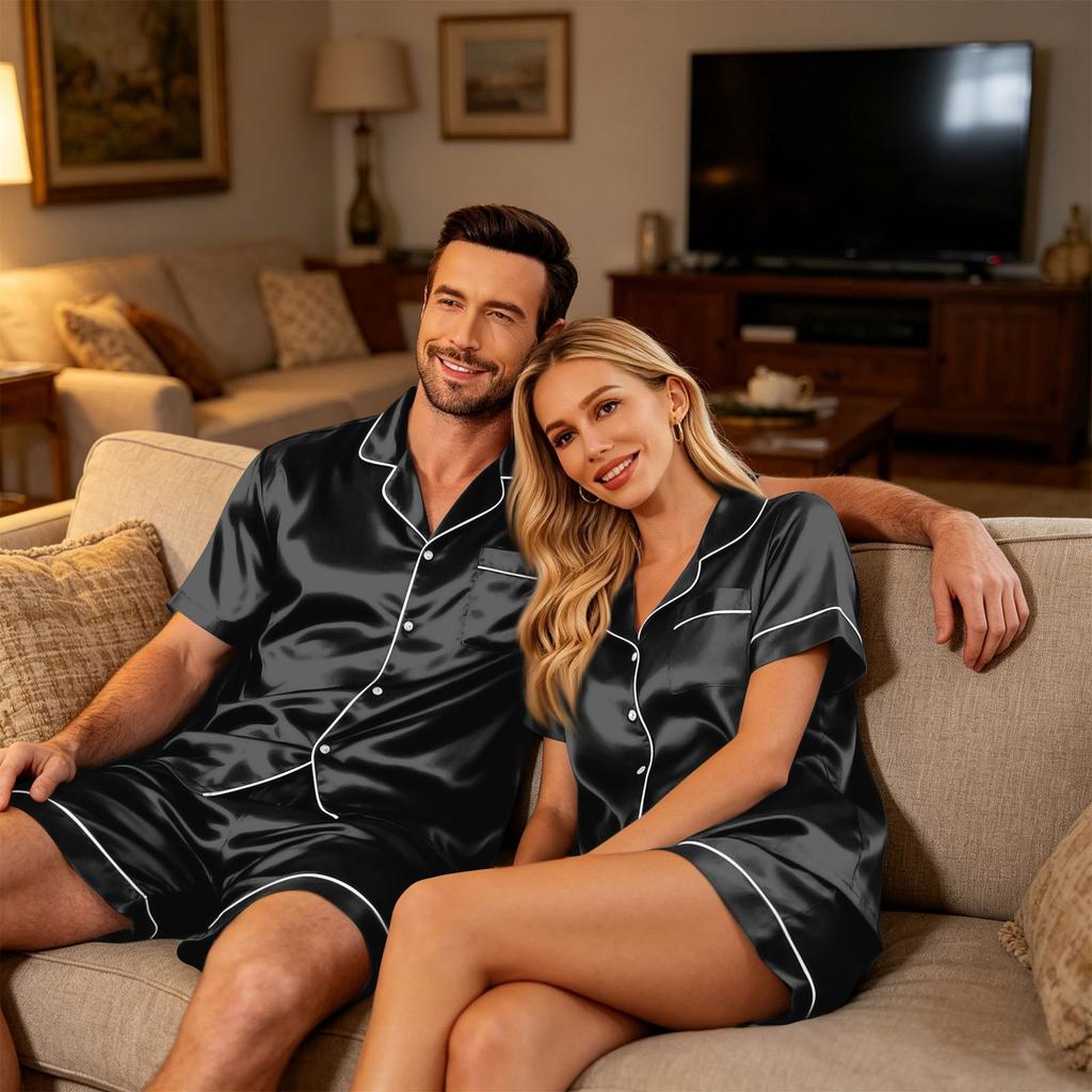 Couple Matching Pajama Set Short Sleeve Button Down Shirt and Shorts Set Soft Casual Sleepwear Available In Sizes S To XXXXL