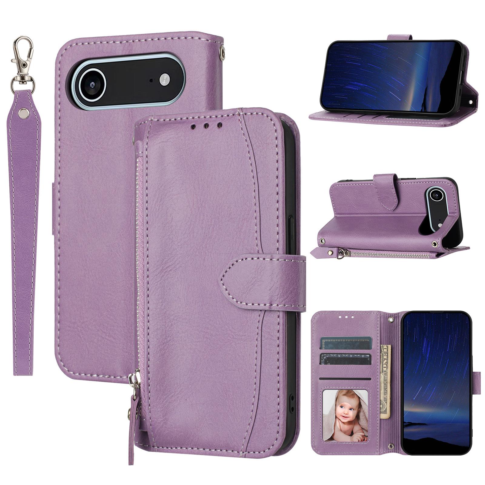 

For iPhone Air Case Zipper Pocket Wallet Leather Phone Cover with Wrist Strap E