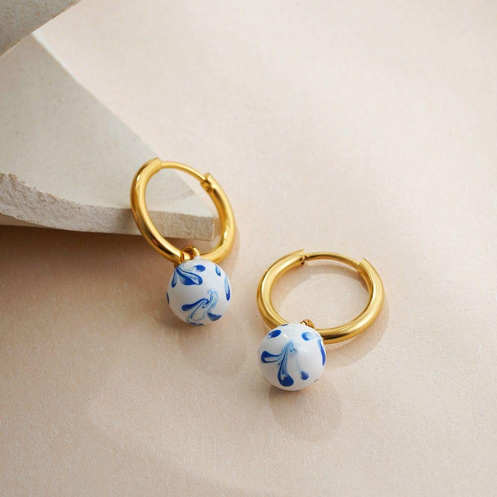Zinc Zinc Alloy Ceramic Ear Buckle New Chinese Style Hoop Earrings Blue and White Porcelain Earrings  Women