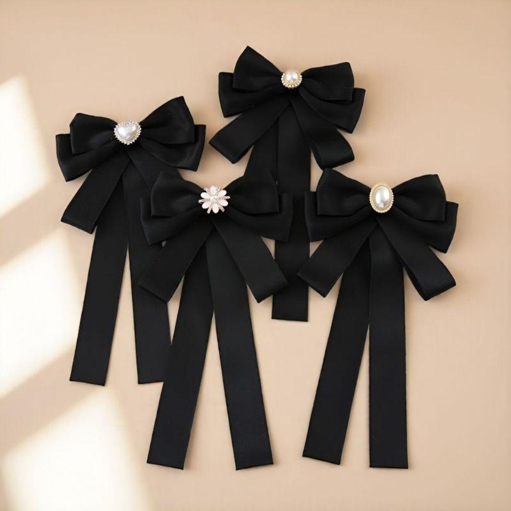 Rhinestone Crystal Memorial Black Bow Brooch Fabric Bowknot Shirt Collar Pins Bowtie Necktie  Women