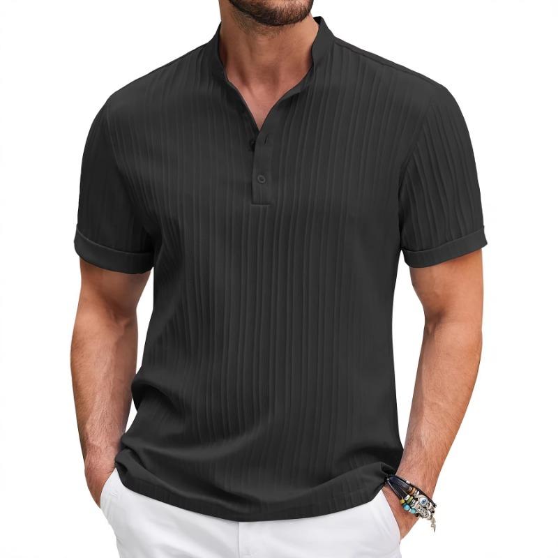 Men's White Vertical Textured Henley Neck Short Sleeve Shirt