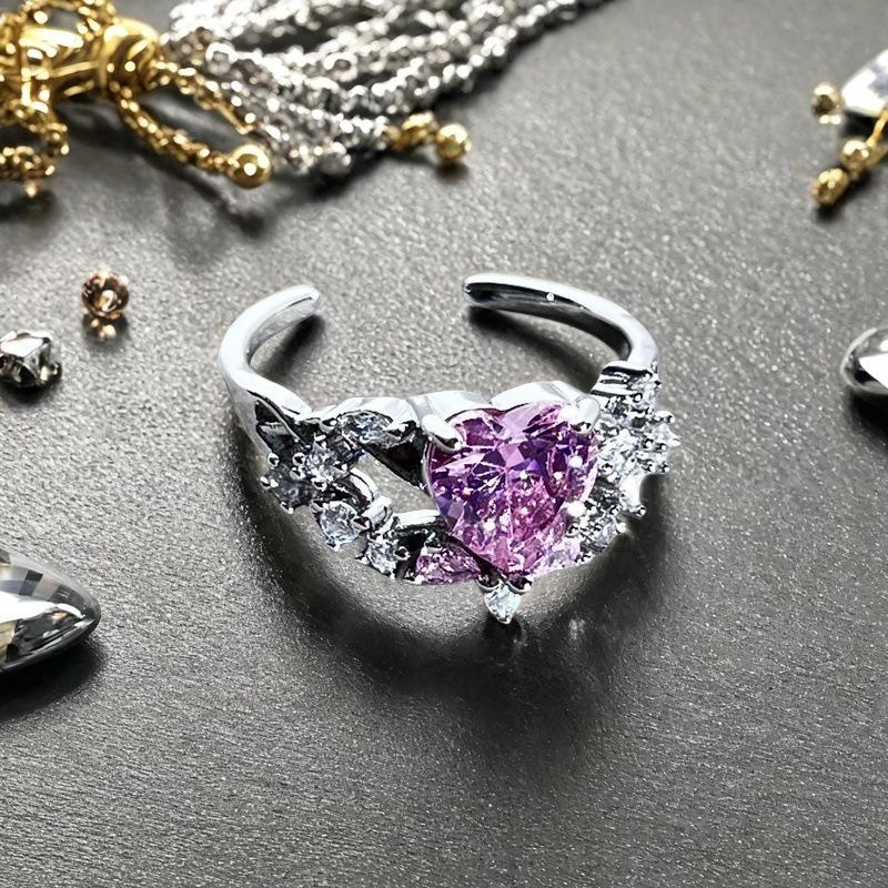 Fashion Color Love Zir*****Pen Ring Slightly Inlaid Heart-Shaped Exquisite High-End Personalized Accessories Women