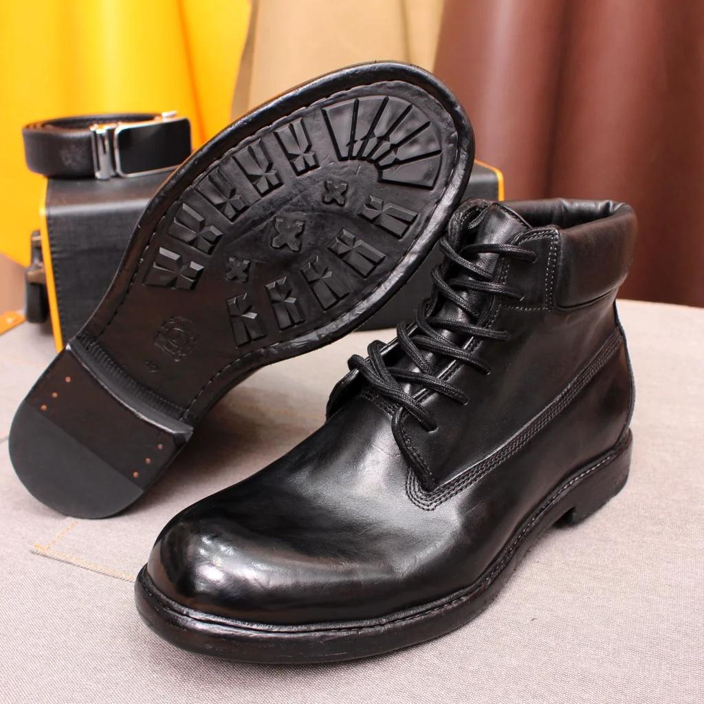 Fashion Men's British Style Ankle Boots Soft Handmade Genuine Leather Sole Windproof Comfortable Lace-up Winter Motorcycle Shoes