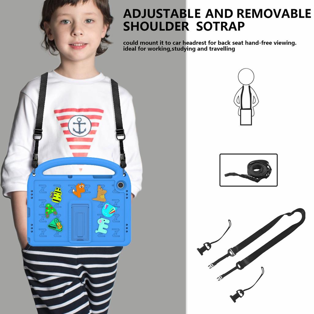 For Samsung Galaxy Tab A11+/A9+ Kickstand Case Cartoon Design Anti-Drop EVA+PC Tablet Cover with Strap for Kids