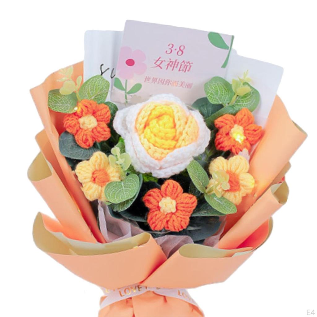 Completed Crochet Flowers Bouquet Artificial Knitted Flower Rose for Home Wedding Decoration