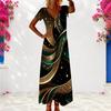 Women Plus Size V Neck Short Sleeve Printed Long Dress White Gray Abstract Rhinestone Pattern