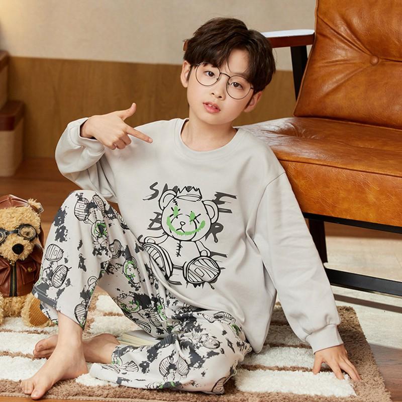 100% Combed Cotton Boys Pajama Set Long Sleeve Cartoon Print Sleepwear Teens 8 Years Lightweight Home Wear