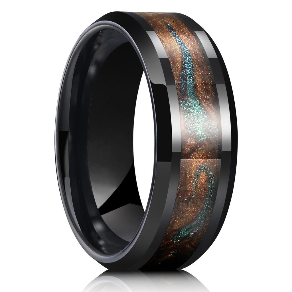 8mm Gehämmert Edelstahlringe Für Männer Eingelegt Koa-Holz Abalone-Schale Ringe Herren Verlobung Hochzeit Schmuck