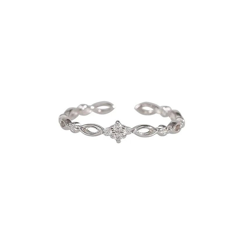 

925 Silver Geometric Four Leaf Clover Zircon Adjustable Opening Ring for Women Fine Jewelry Minimalist Accessories resizable
