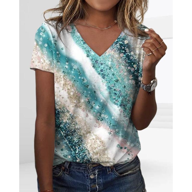 Summer Casual V-Neck Rainbow Printed Short Sleeve Women's T-Shirt Top