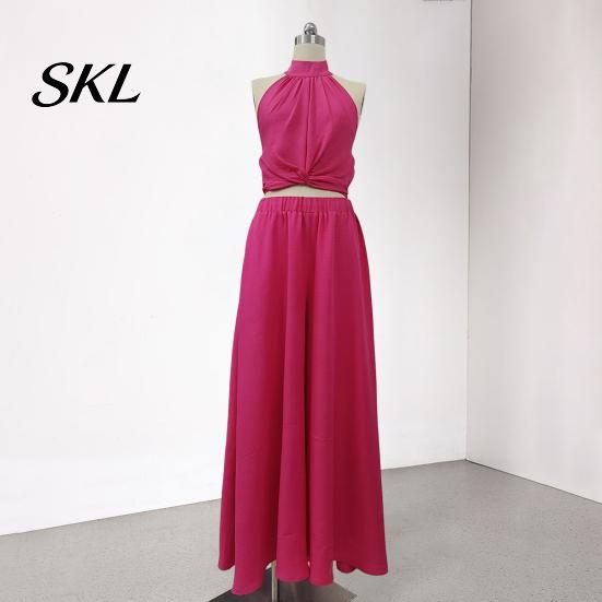Sleeveless Crop Top Women Women's 2 Piece Outfits, High Neck Halter And Comfortable Summer Pants Wide Leg Matching Set, Beach Vacation Outfits