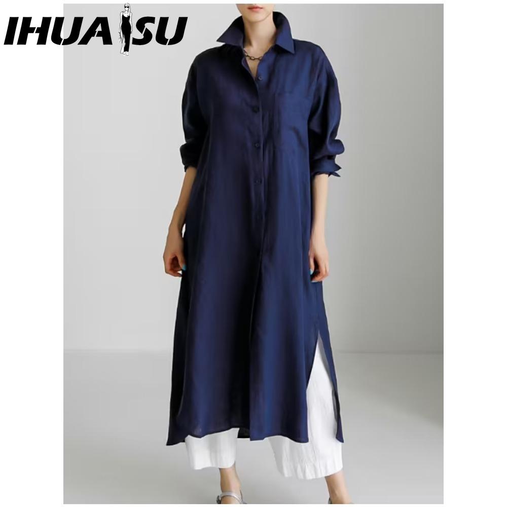 

IHUASU Женское повседневное свободное платье-рубашка с длинным рукавом и отложным воротником XXL темно-синий