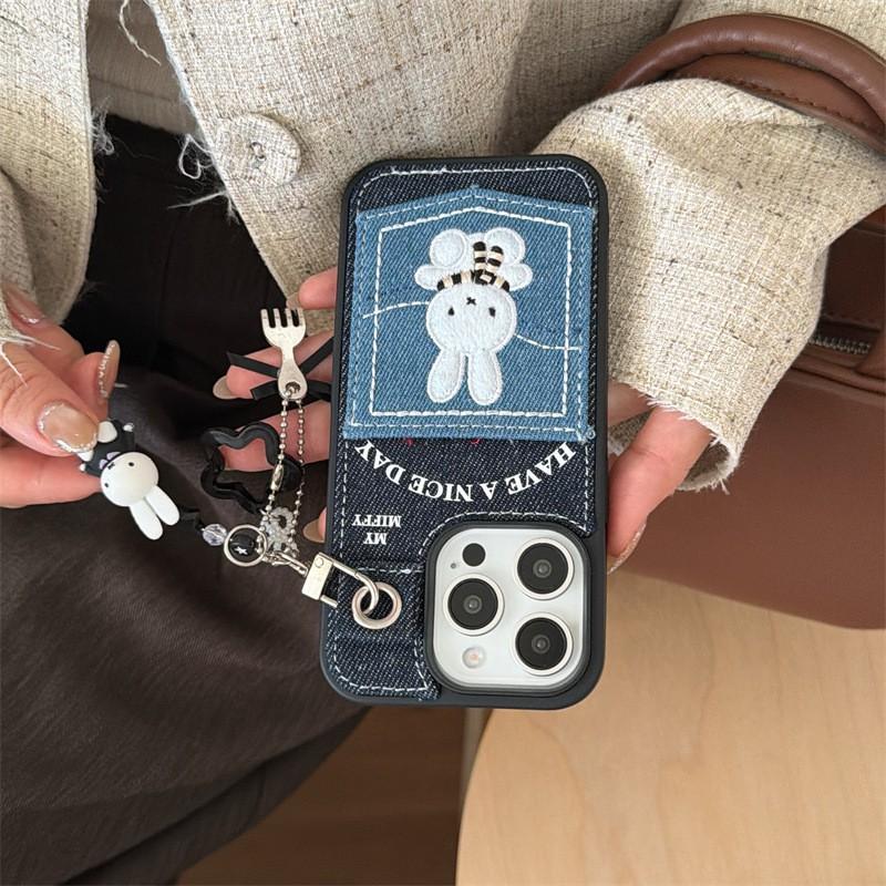 Denim Pocket Card Holder Case With Embroidered Rabbit IPhone 14 Pro Max 15 16 Soft TPU Shockproof Cover