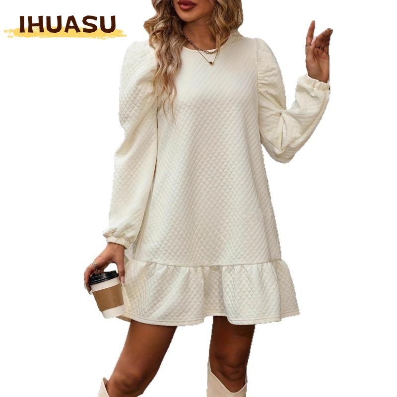 IHUASU Abiti casual con scollo a maniche lunghe con stampa tinta unita primavera estate moda donna