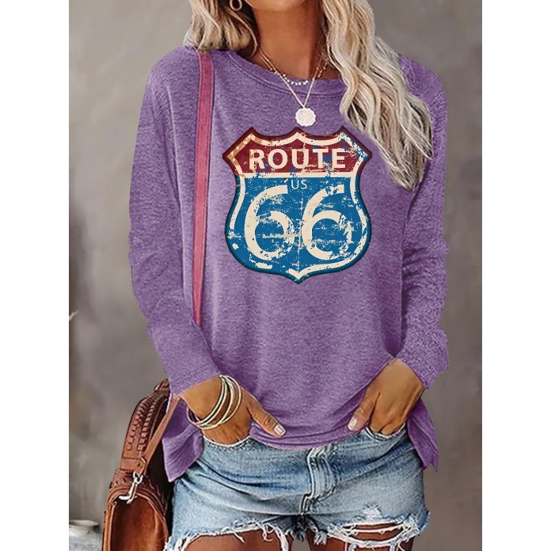 Retro Route 66 Printed Round Neck Festive Elegant Women'S Long Sleeve T-Shirt, Casual Elegant Spring Summer Autumn Winter Outfit