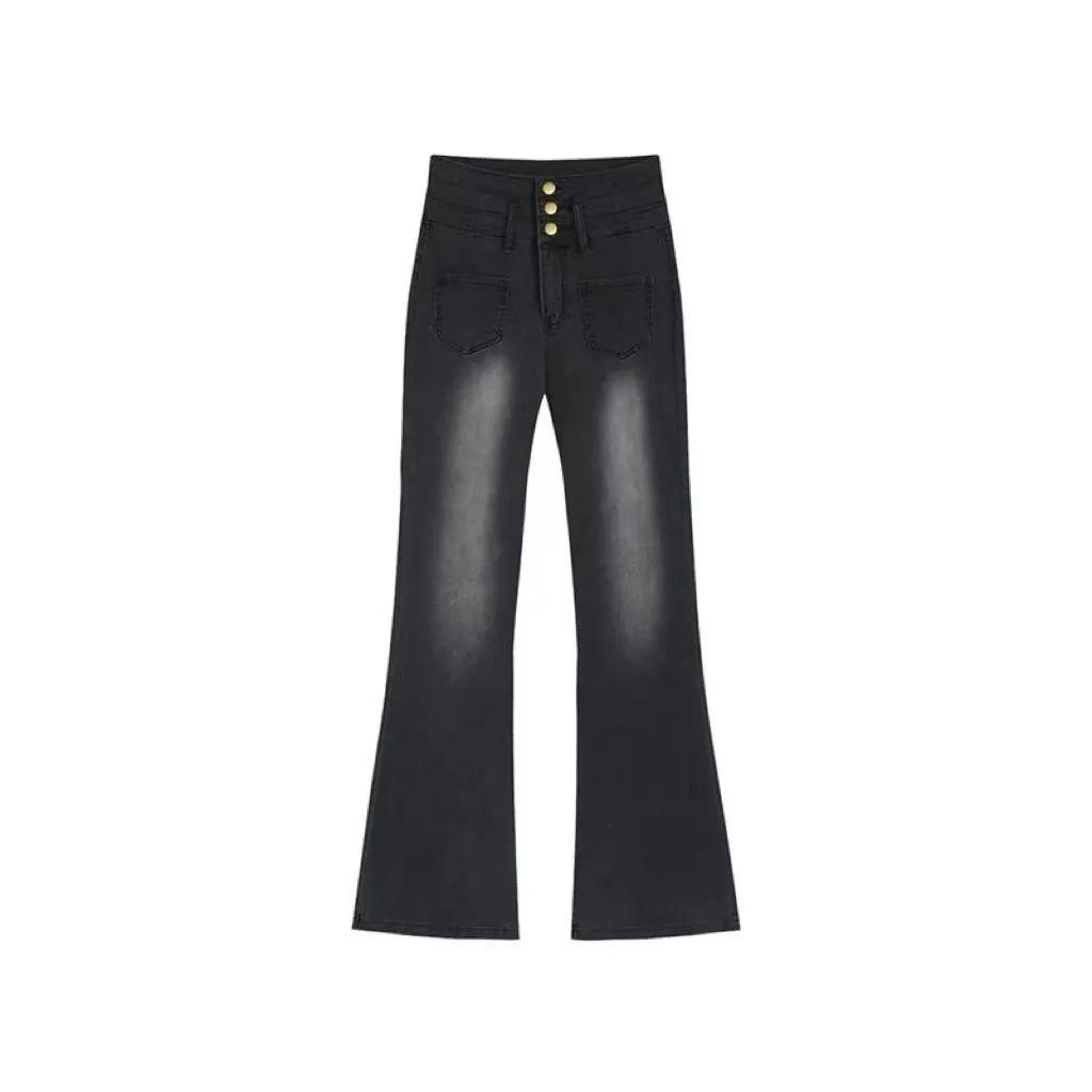 

Джинсы клеш винтажного дымчато-серого цвета с высокой эластичностью 2025 - Прямые брюки с высокой посадкой, длиной до пола с трехрядной застежкой на пуговицы XL