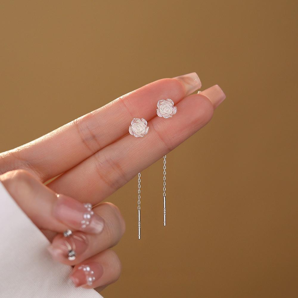 Colorful White Rose Earrings for Women, Light Luxury, High-end, Sweet Tassel Earrings, Elegant Earrings